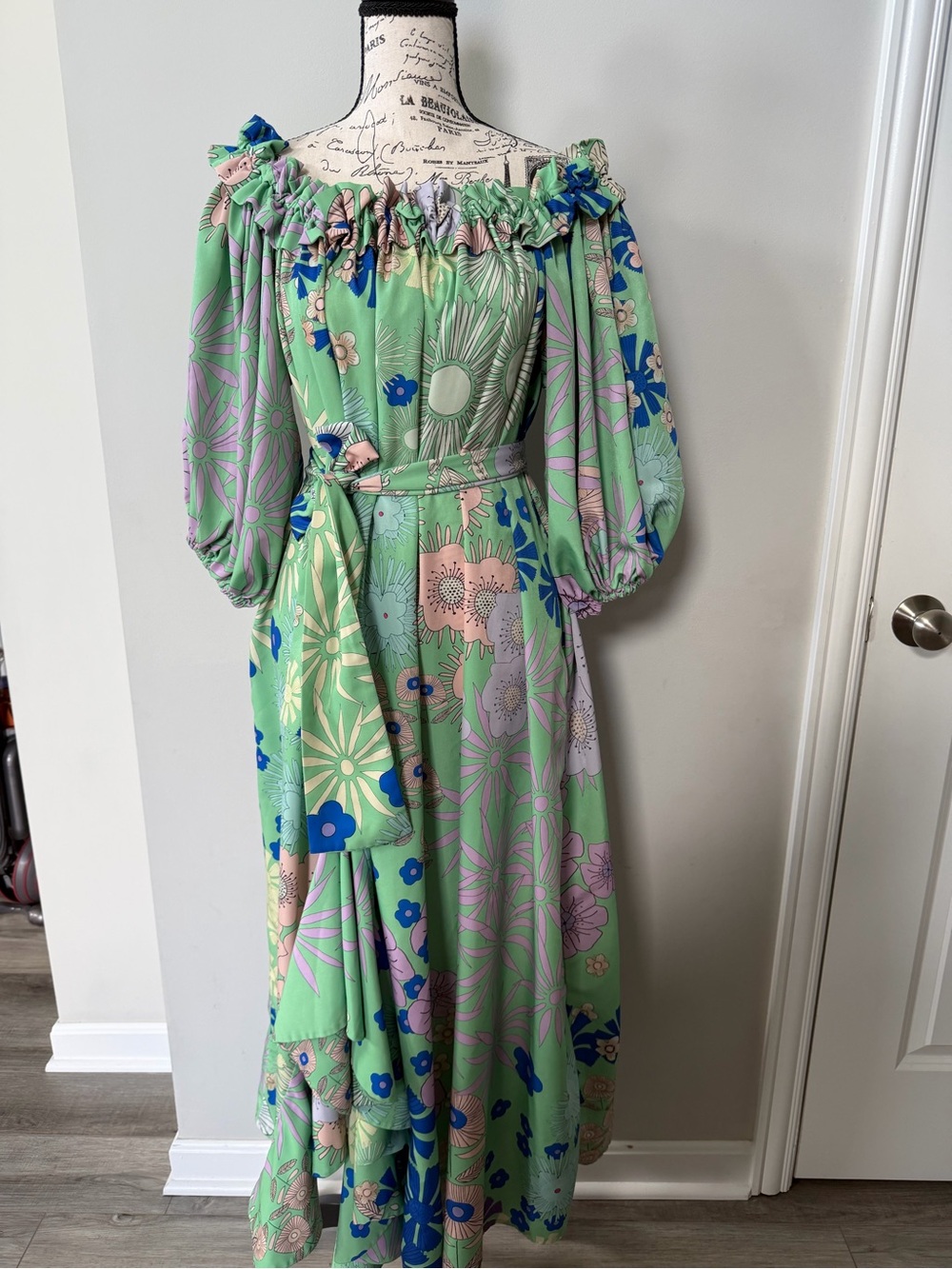 Anthropologie Oopscool Off-Shoulder Floral Midi Dress in Mint and Blue size S - Picture 5 of 10